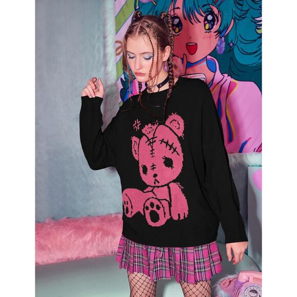 Used Romwe black and pink sweater with a cartoon/anime bear size small - Picture 6 of 6